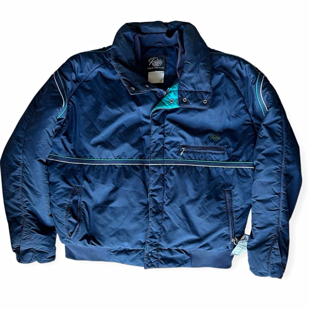 Vintage Roffe Skiwear Men’s XL Blue/Teal Insulated Ski Jacket Pinstripe Zip Snap